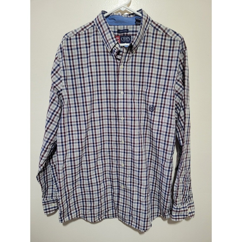 Chaps Button Down Shirt Mens XL Blue Burgundy‎ Plaid Easy Care Long Sleeve